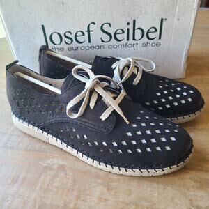 Josef Seibel Sofie 26 Flat Black Leather‎ Summer Sneaker Shoes Womens Size EU 42